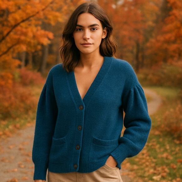 NATION Ltd Alpaca Wool Blend Cardigan Blue Puff Sleeve Sweater Cozy Chic Size XS - Picture 1 of 9